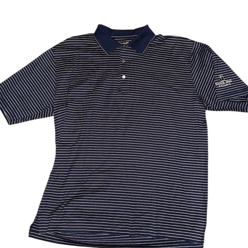 Ben Hogan Polo Shirt Men L Navy Blue White Striped Golf S/S scotch Hall preserve